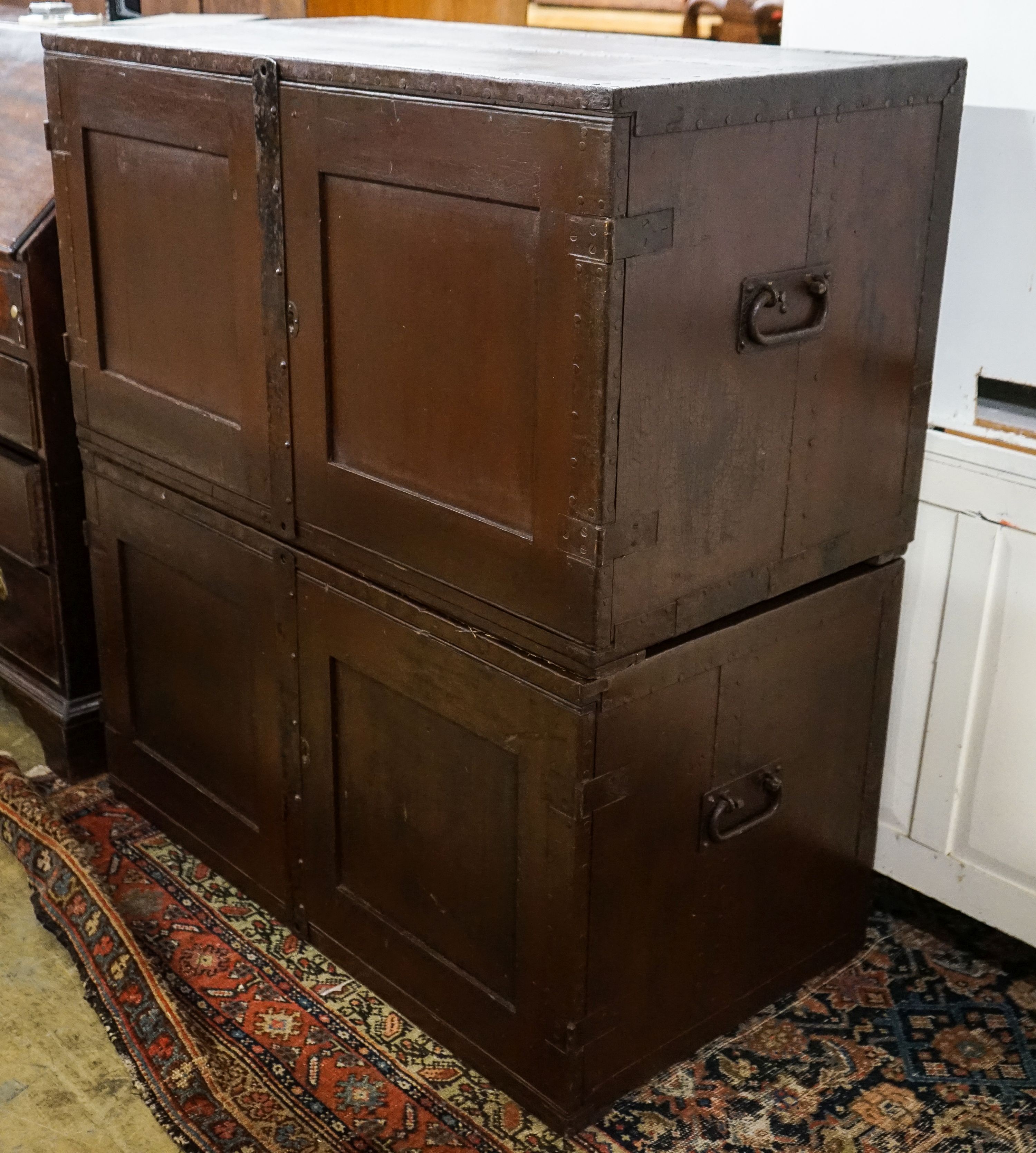 A pair of iron bound hardwood campaign cabinets, each width 97cm, depth 51cm, height 52cm